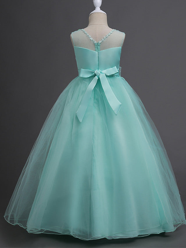 Satin Tulle Flower Girl Dress for Special Occasions - Princess Long Length with Belt Appliques-BallBride