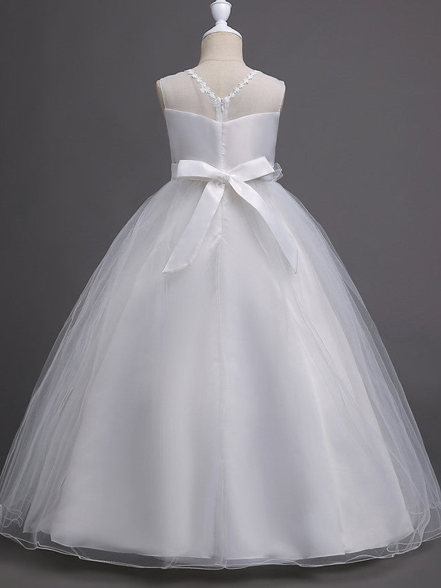 Satin Tulle Flower Girl Dress for Special Occasions - Princess Long Length with Belt Appliques-BallBride