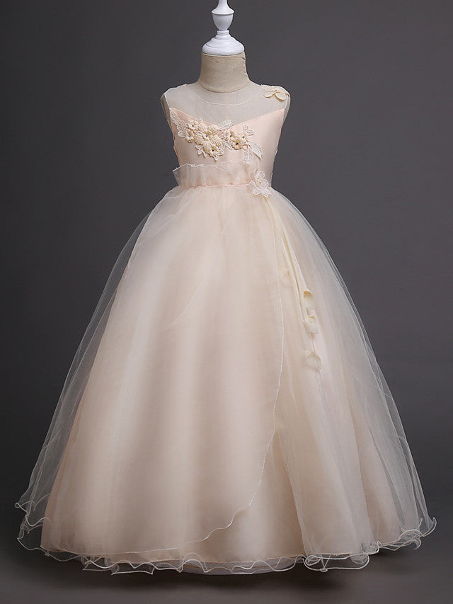 Satin Tulle Flower Girl Dress for Special Occasions - Princess Long Length with Belt Appliques-BallBride