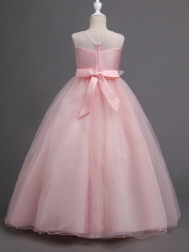 Satin Tulle Flower Girl Dress for Special Occasions - Princess Long Length with Belt Appliques-BallBride