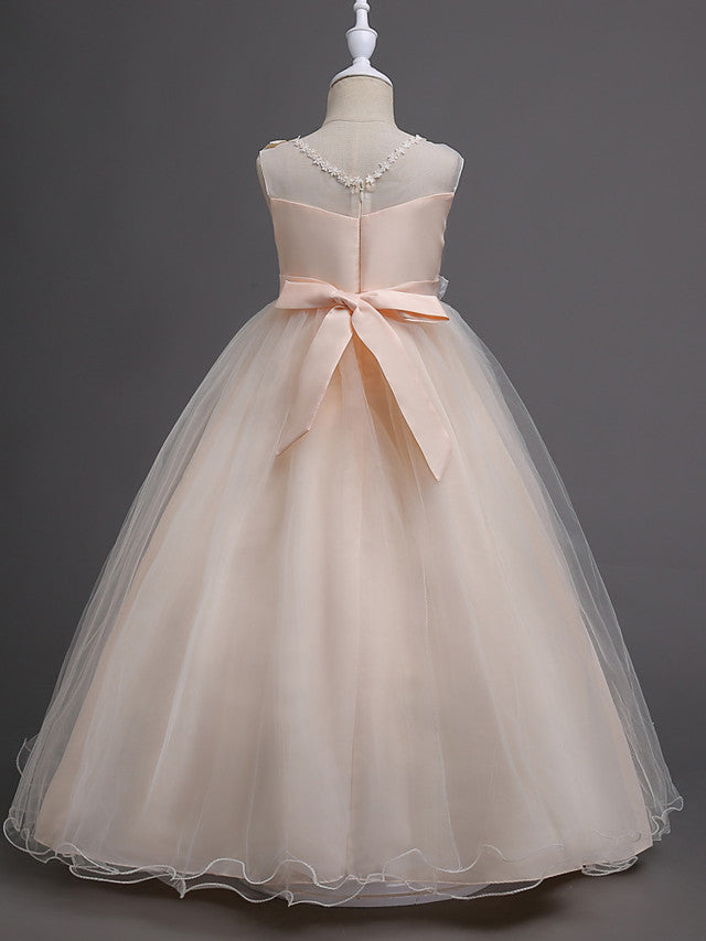 Satin Tulle Flower Girl Dress for Special Occasions - Princess Long Length with Belt Appliques-BallBride