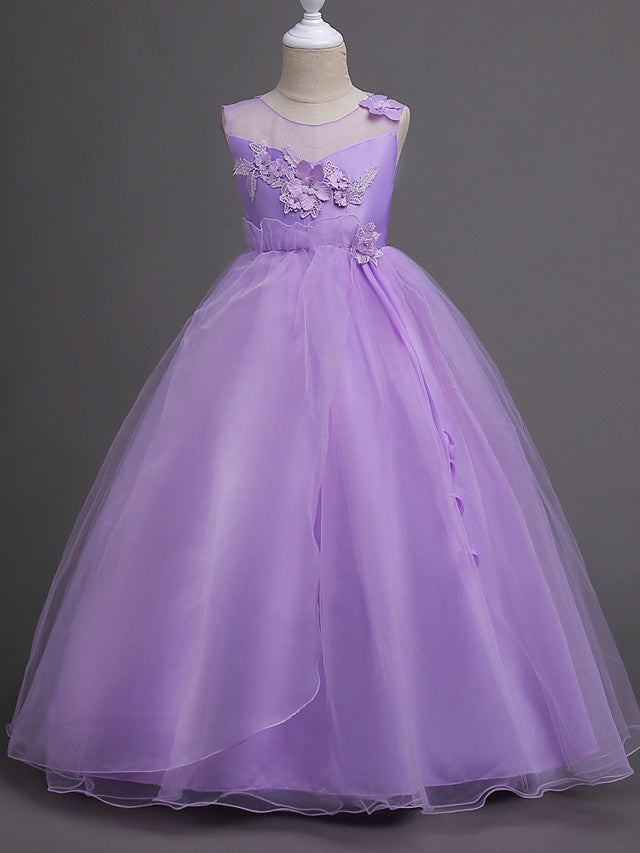 Satin Tulle Flower Girl Dress for Special Occasions - Princess Long Length with Belt Appliques-BallBride