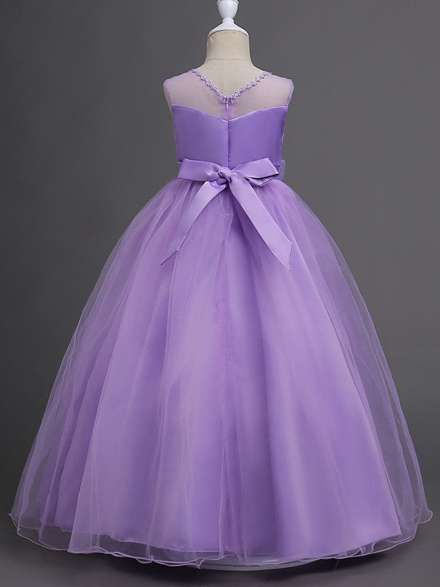 Satin Tulle Flower Girl Dress for Special Occasions - Princess Long Length with Belt Appliques-BallBride