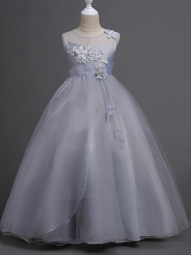 Satin Tulle Flower Girl Dress for Special Occasions - Princess Long Length with Belt Appliques-BallBride