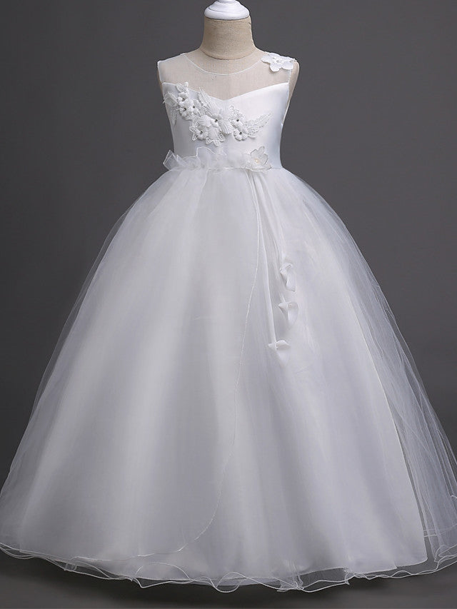 Satin Tulle Flower Girl Dress for Special Occasions - Princess Long Length with Belt Appliques-BallBride