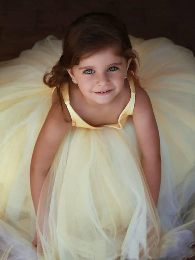 Satin Tulle V-Neck Ball Gown Flower Girl Dress With Pleats-BallBride
