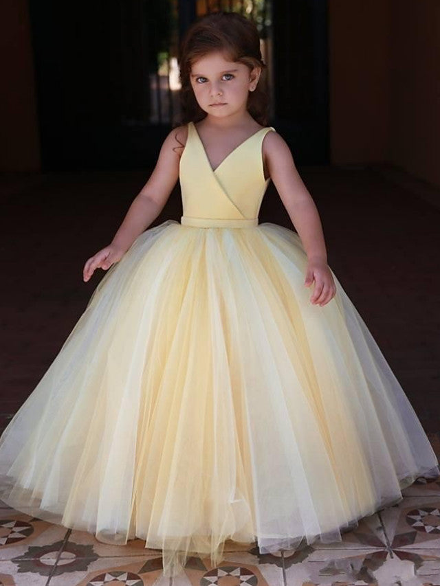Satin Tulle V-Neck Ball Gown Flower Girl Dress With Pleats-BallBride
