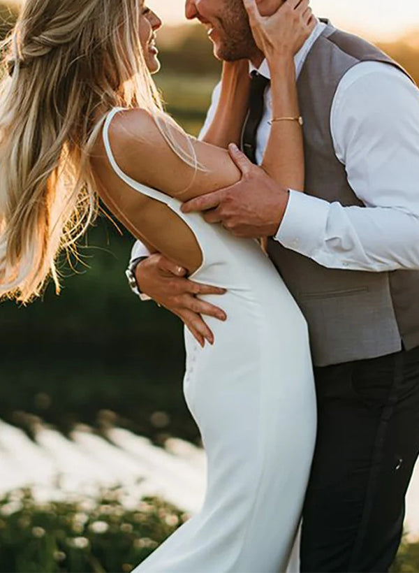 Satin Wedding Dress Open Back V-Neck Sleeveless Sheath Fitted-Ballbride