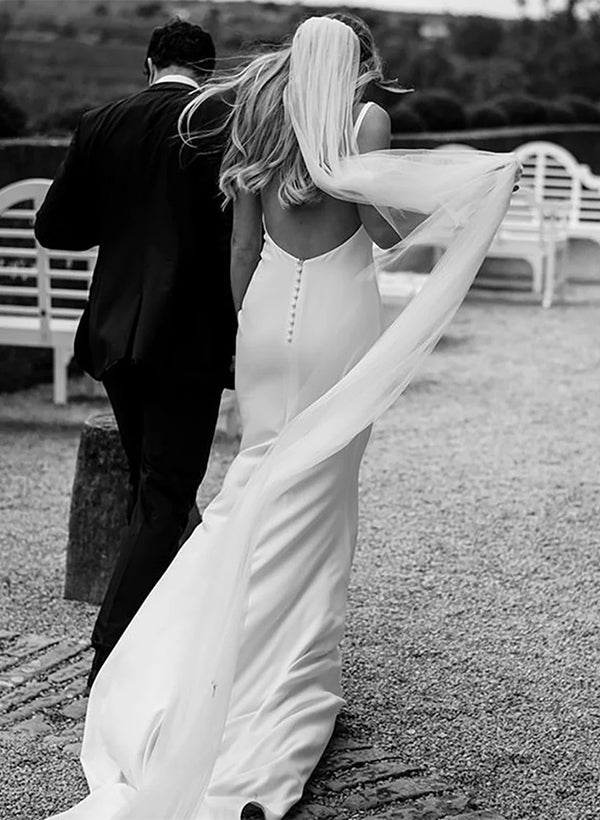 Satin Wedding Dress Open Back V-Neck Sleeveless Sheath Fitted-Ballbride