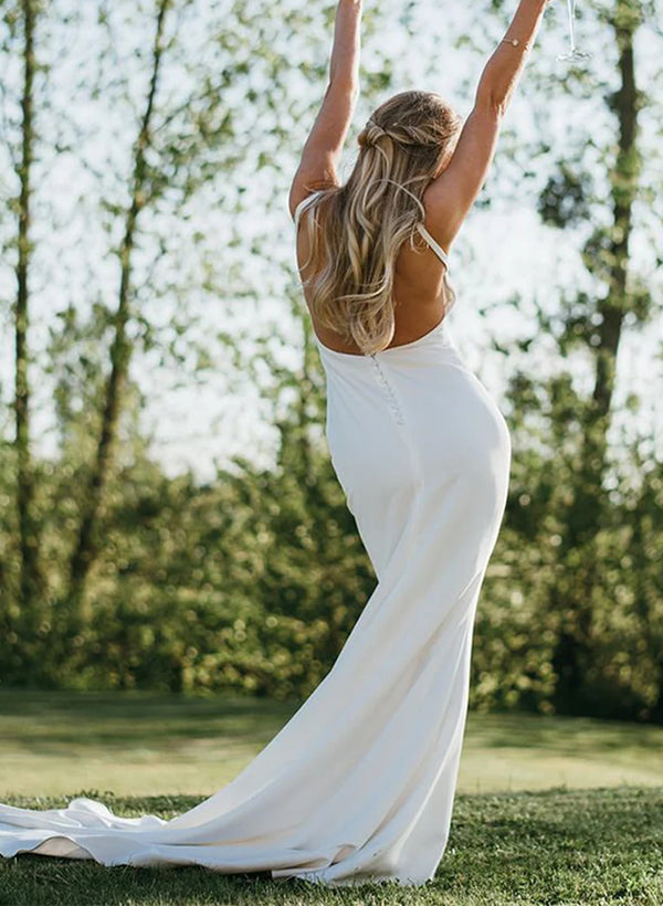 Satin Wedding Dress Open Back V-Neck Sleeveless Sheath Fitted-Ballbride