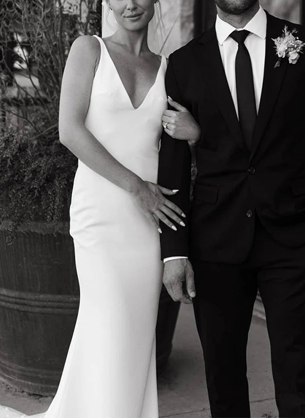 Satin Wedding Dress Open Back V-Neck Sleeveless Sheath Fitted-Ballbride