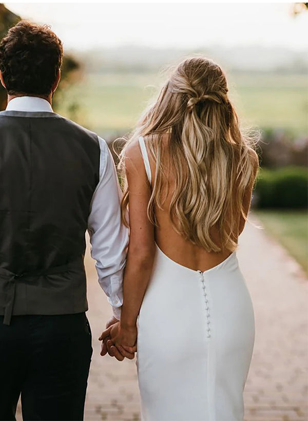 Satin Wedding Dress Open Back V-Neck Sleeveless Sheath Fitted-Ballbride