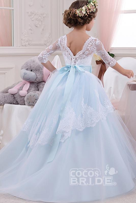 Scoop Neck 3/4 Sleeves Ball Gown Flower Girls Dress with Lace-BallBride