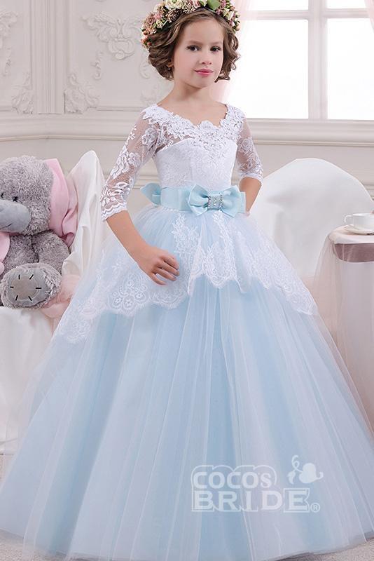 Scoop Neck 3/4 Sleeves Ball Gown Flower Girls Dress with Lace-BallBride