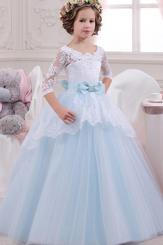 Scoop Neck 3/4 Sleeves Ball Gown Flower Girls Dress with Lace-BallBride