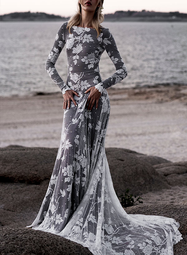Scoop Neck Long Sleeves Court Train Lace Wedding Dresses Mermaid Fitted Style-Ballbride