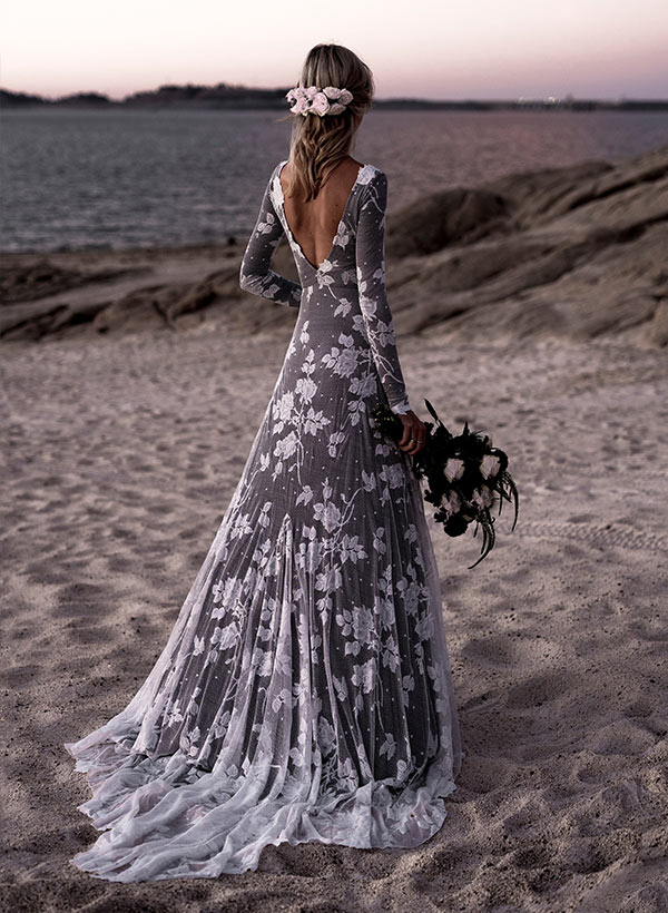 Scoop Neck Long Sleeves Court Train Lace Wedding Dresses Mermaid Fitted Style-Ballbride