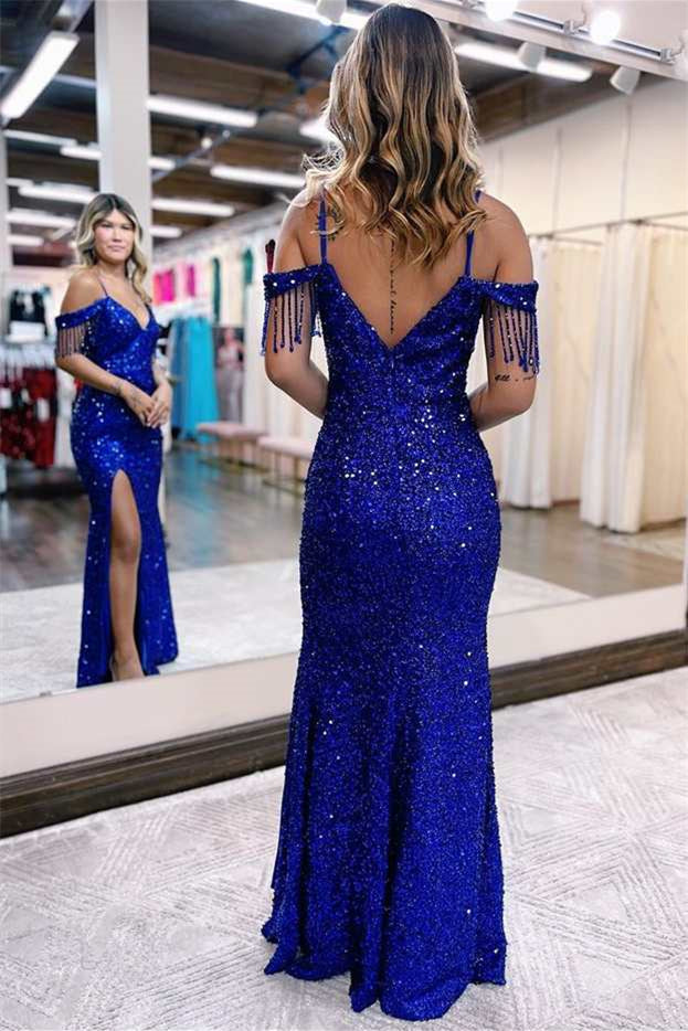 Sequin Mermaid Slit Evening Dress with Spaghetti-Strap Online Blue-BallBride