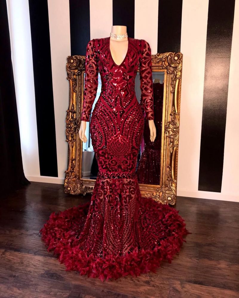 Sequined Burgundy Mermaid Prom Dress with Long Sleeves-BallBride