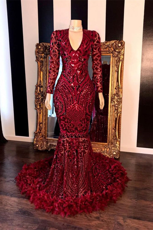 Sequined Burgundy Mermaid Prom Dress with Long Sleeves-BallBride