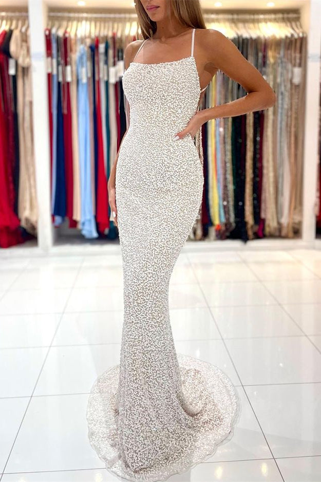 Sequined Mermaid Prom Dress with Open Back and Spaghetti Straps-BallBride