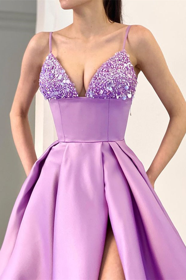Sequins A Line Evening Dress with Spaghetti-Straps & Split - Lavender-BallBride
