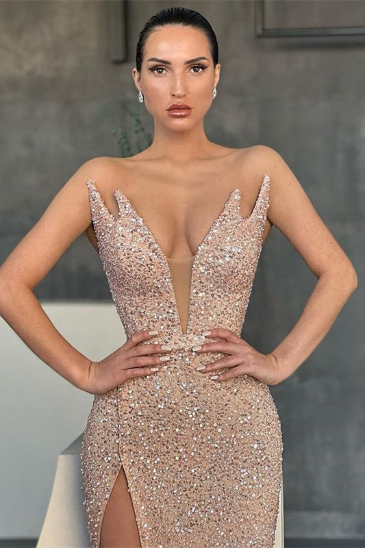 Sequins Mermaid Evening Dress with Sleeveless V-Neck and Split-BallBride