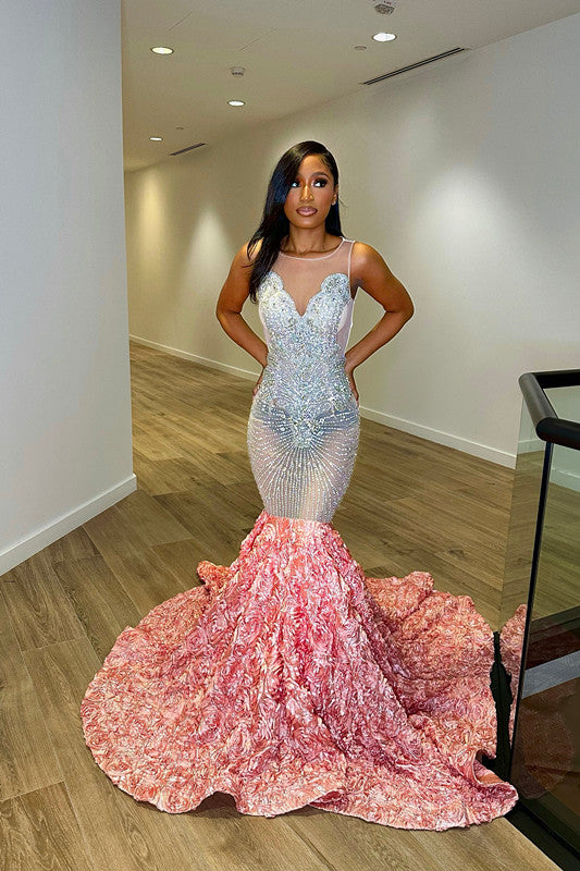 Sequins Sleeveless Flower Mermaid Princess Prom Dress Splicing Trumpet for Crew Neck-BallBride