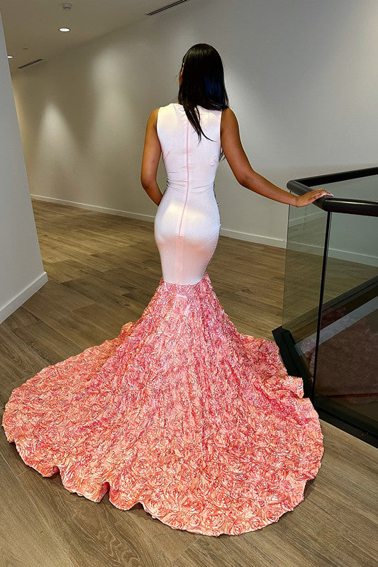 Sequins Sleeveless Flower Mermaid Princess Prom Dress Splicing Trumpet for Crew Neck-BallBride