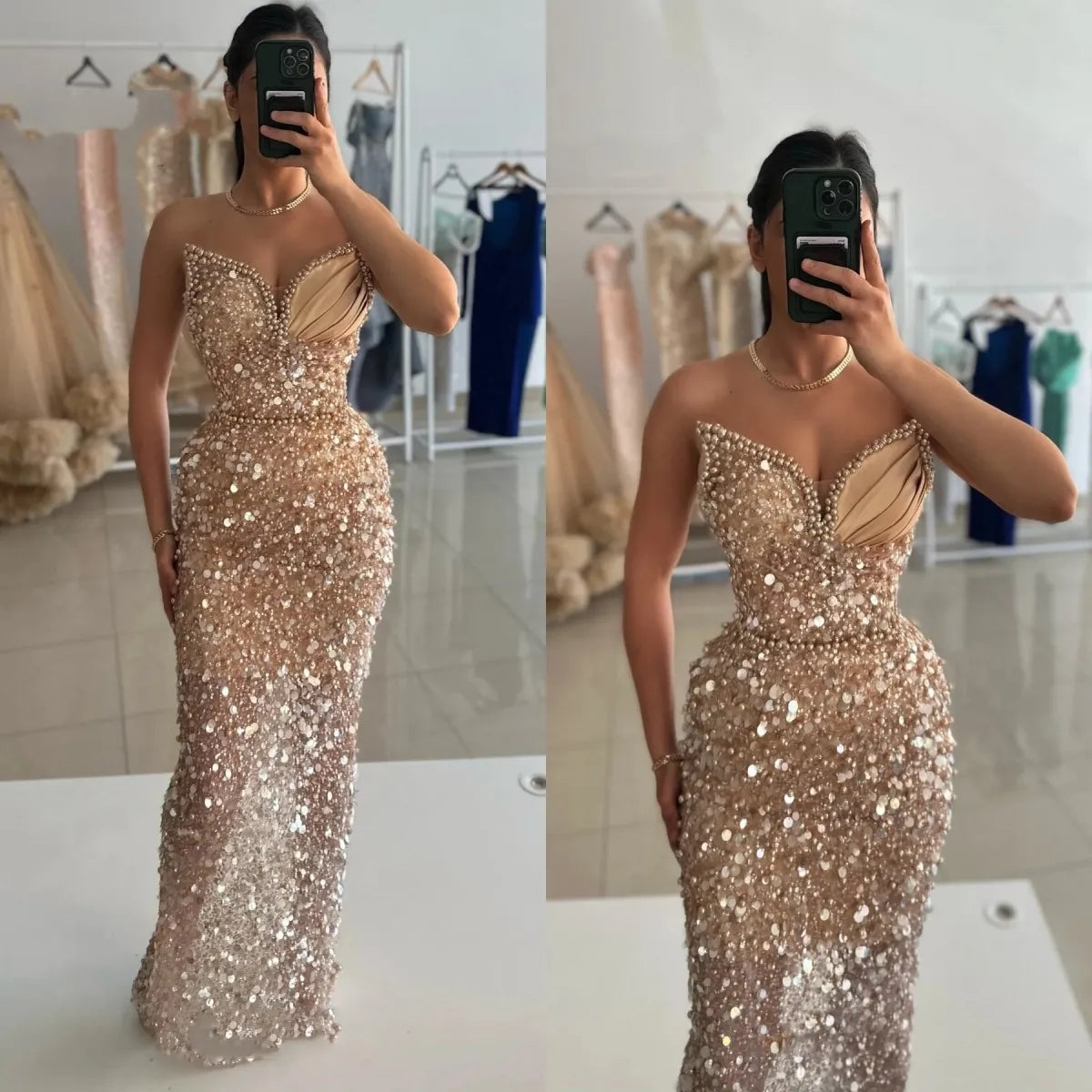 Sequins Strapless Sweetheart Mermaid Champagne Prom Dress with Beads-BallBride