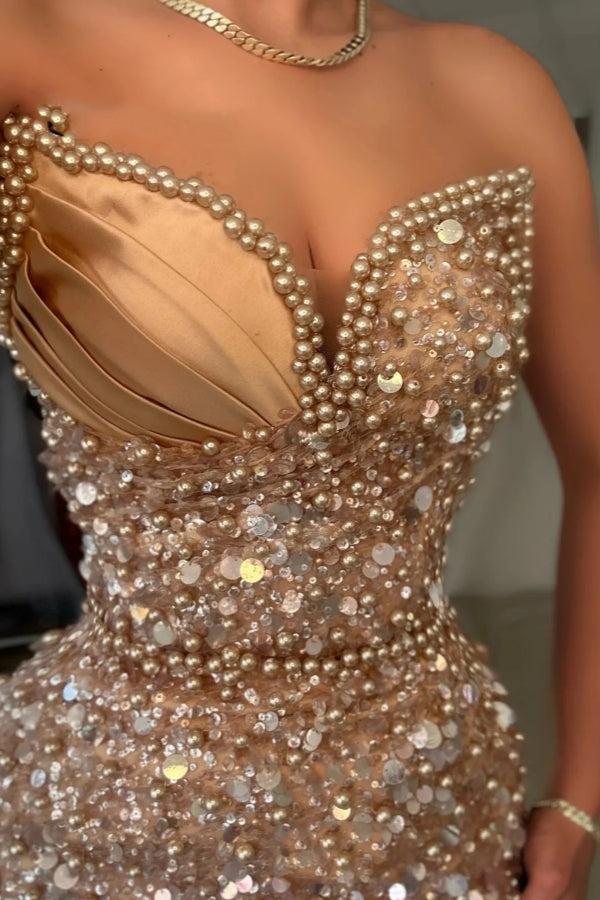 Sequins Strapless Sweetheart Mermaid Champagne Prom Dress with Beads-BallBride