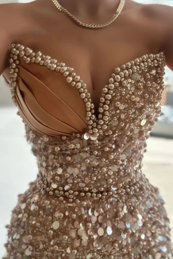 Sequins Strapless Sweetheart Mermaid Champagne Prom Dress with Beads-BallBride
