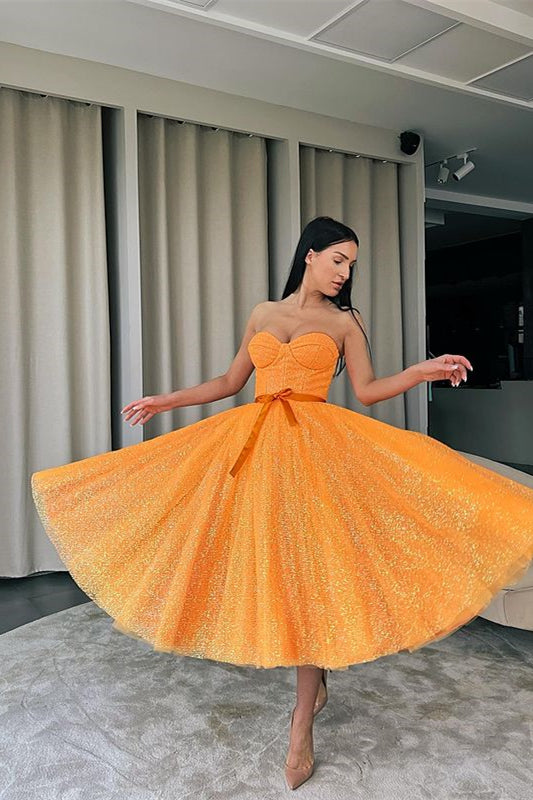 Sequins Sweetheart Dress with Belt - Orange-BallBride
