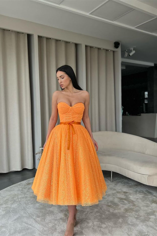 Sequins Sweetheart Dress with Belt - Orange-BallBride