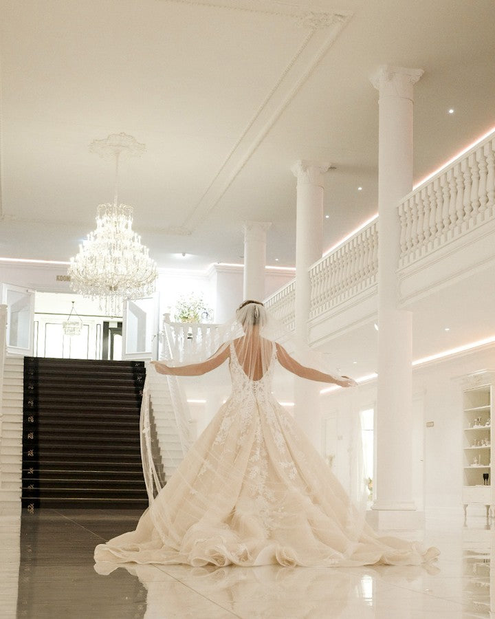 Sexy A-Line Deep V-neck Spaghetti-Straps Floor-length Wedding Dress with Appliques Lace and Backless Design-BallBride
