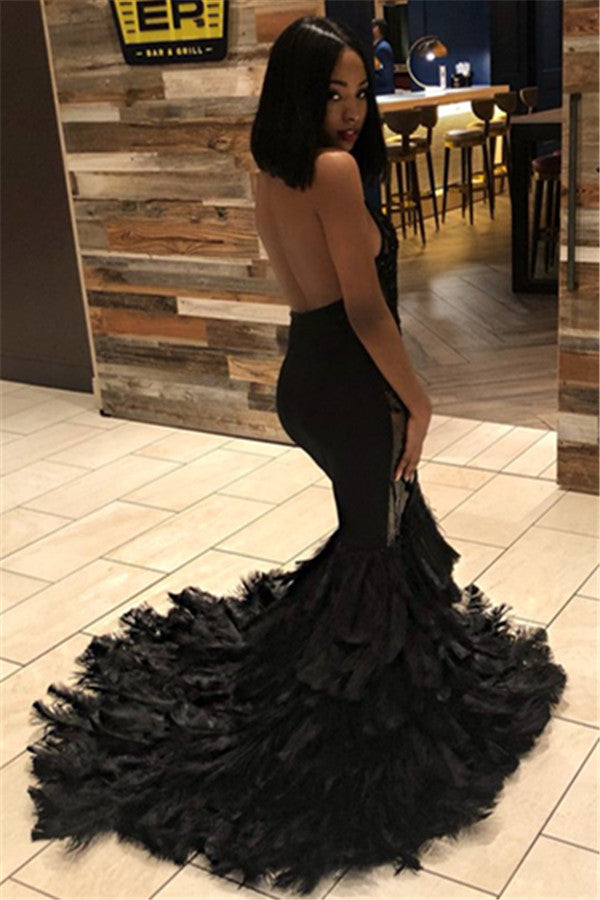 Sexy Black Halter Backless Tulle Prom Dress with Beadings-BallBride