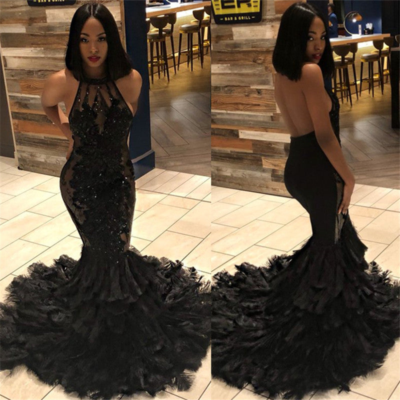 Sexy Black Halter Backless Tulle Prom Dress with Beadings-BallBride