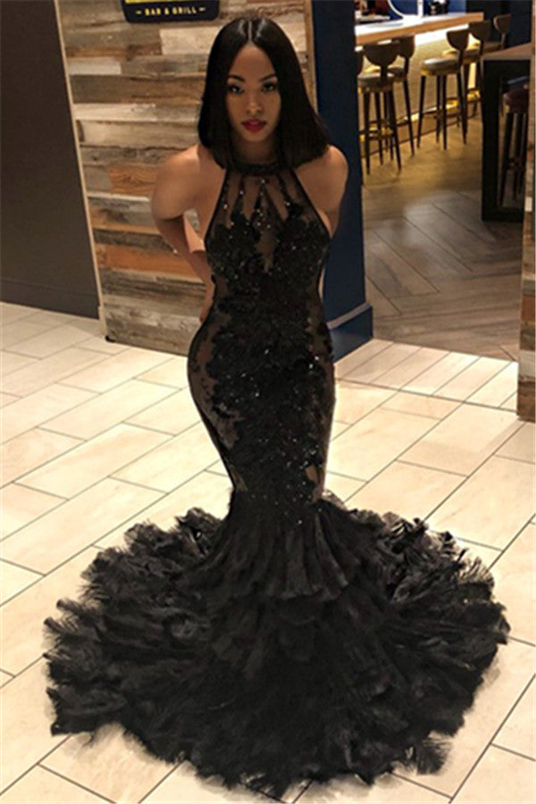 Sexy Black Halter Backless Tulle Prom Dress with Beadings-BallBride