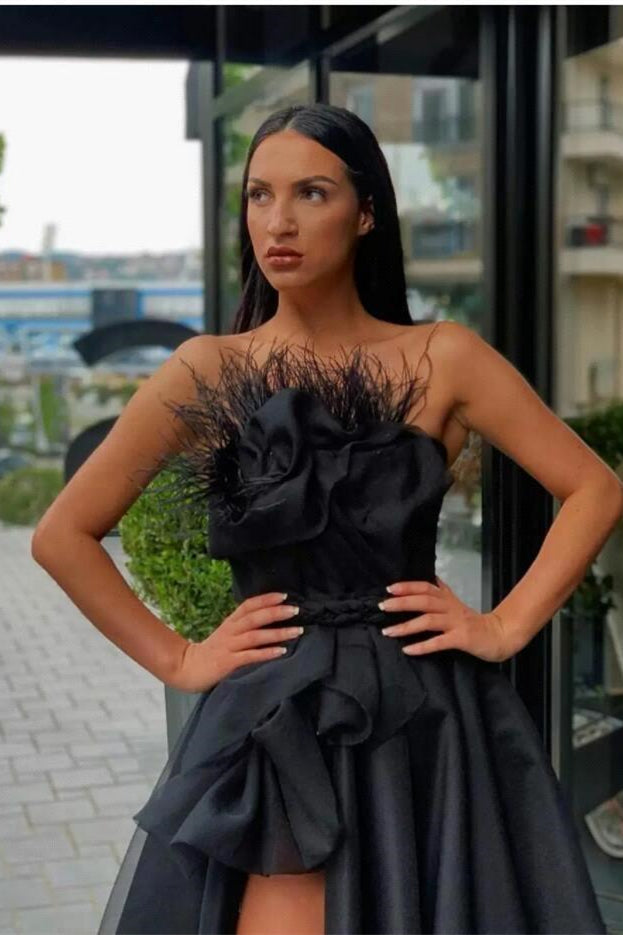 Sexy Black Long Prom Dress with Feather Split-BallBride