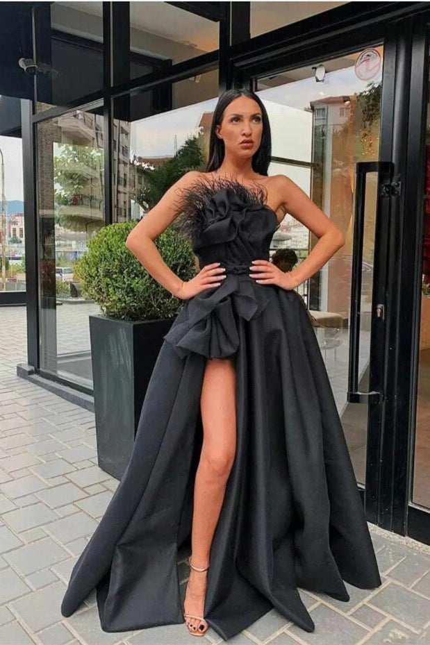 Sexy Black Long Prom Dress with Feather Split-BallBride