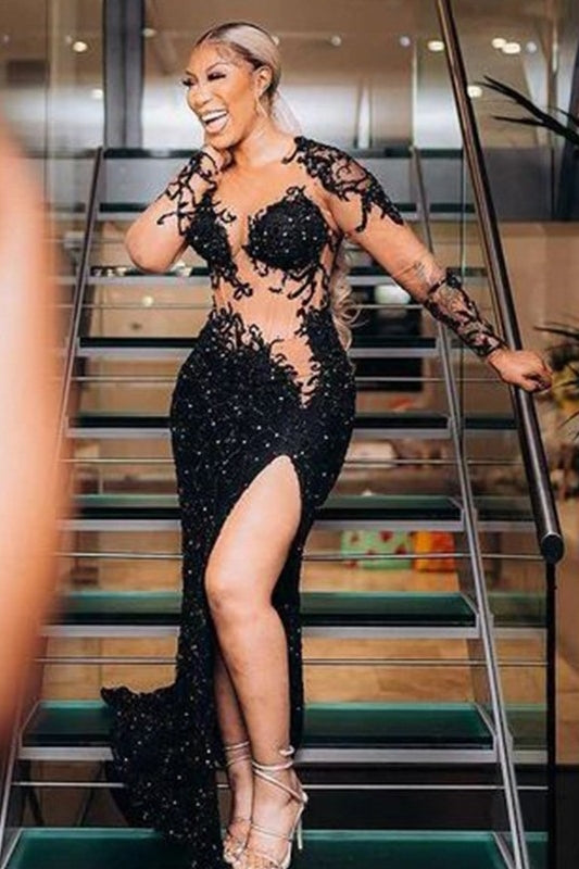 Sexy Black Long Sleeves Appliques Sequins Side Slit Prom Dress-BallBride