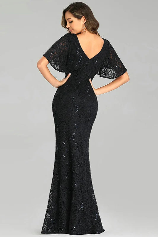 Sexy Black Sequins Lace Prom Dresses Mermaid Evening Gowns-BallBride
