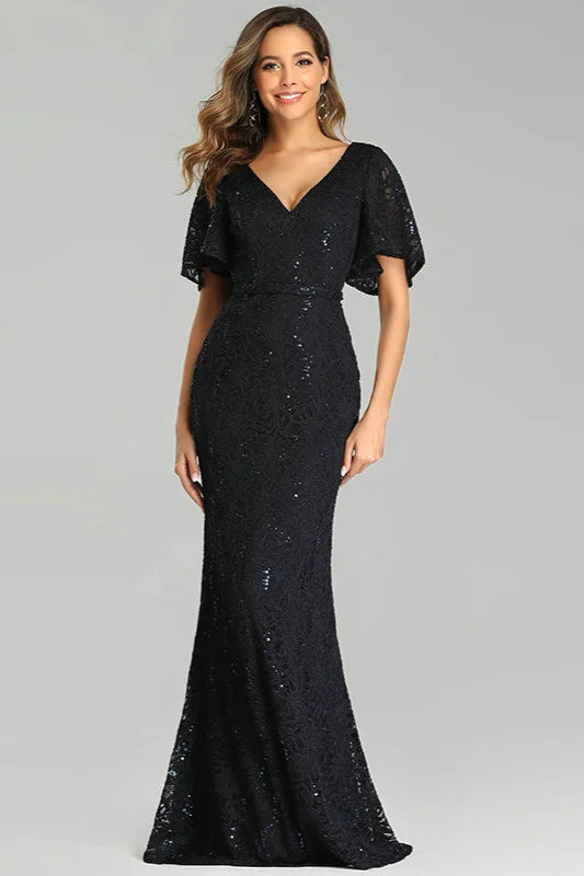 Sexy Black Sequins Lace Prom Dresses Mermaid Evening Gowns-BallBride