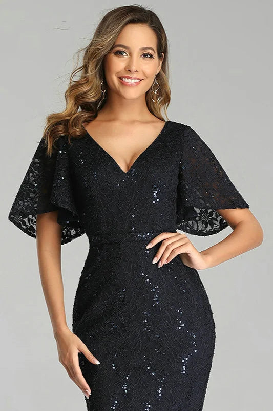 Sexy Black Sequins Lace Prom Dresses Mermaid Evening Gowns-BallBride