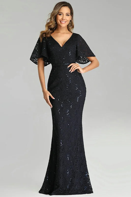 Sexy Black Sequins Lace Prom Dresses Mermaid Evening Gowns-BallBride