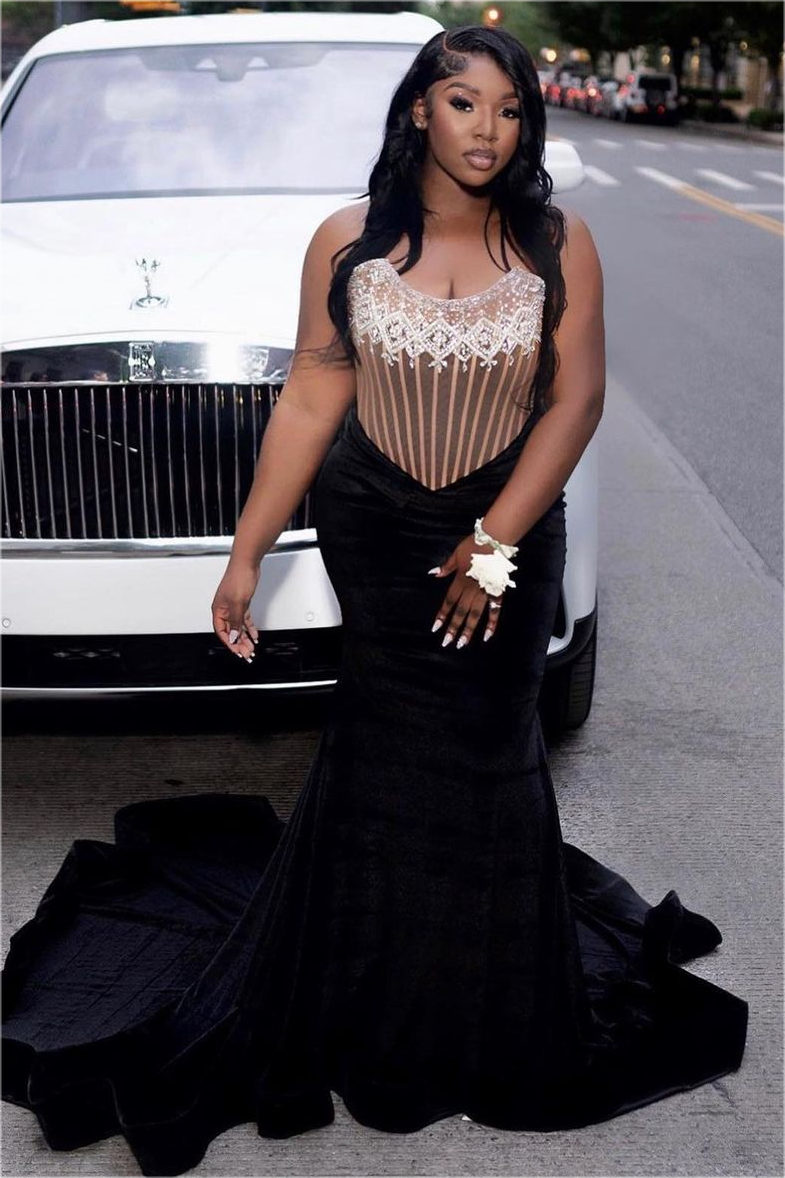Sexy Black Strapless Mermaid Soft Satin Prom Dress with Beads-BallBride