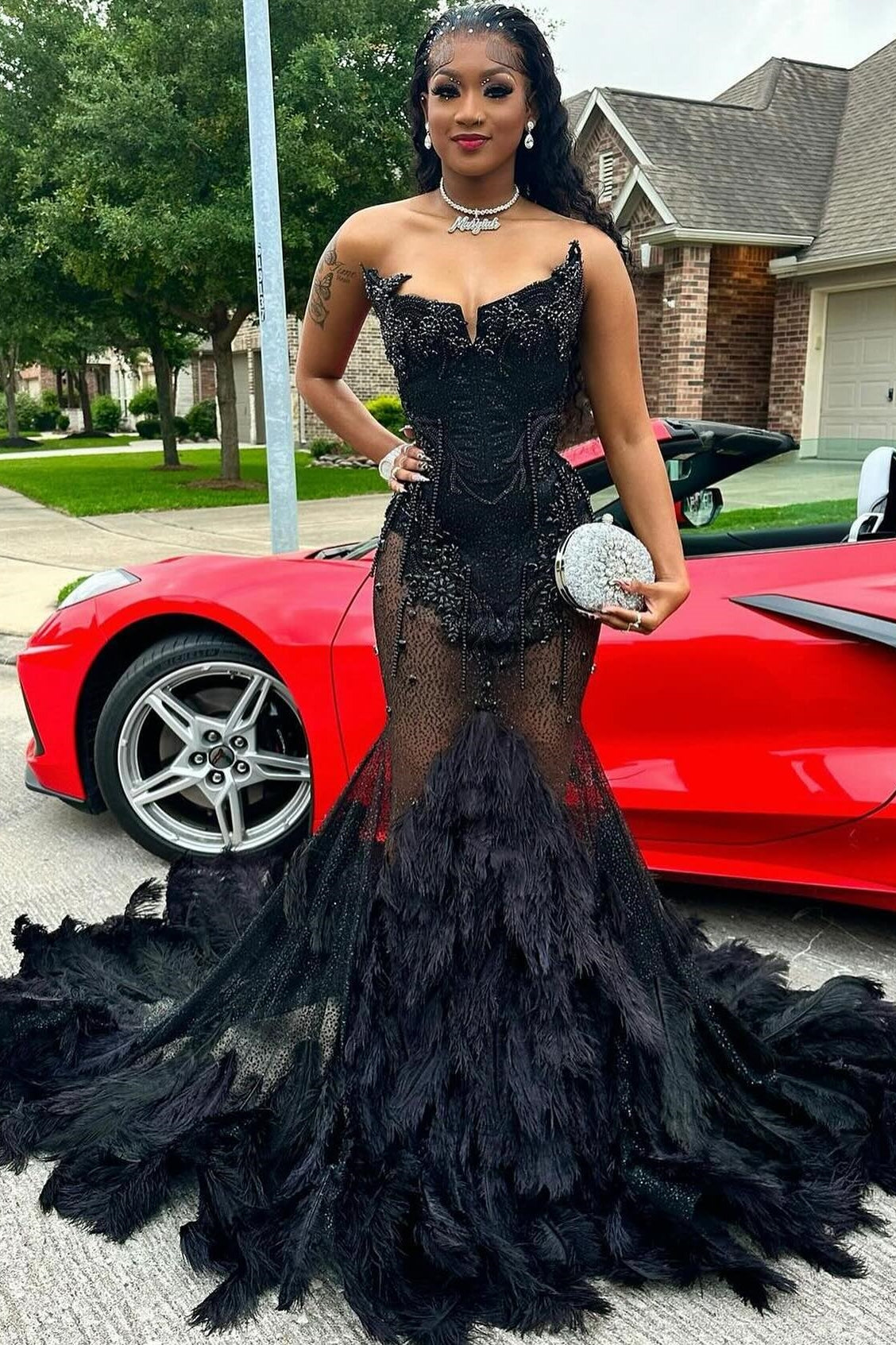 Sexy Black Sweetheart Mermaid Crystal Prom Dress with Feathers-BallBride