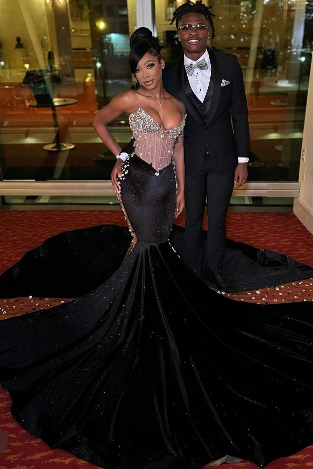 Sexy Black Sweetheart Mermaid Crystal Prom Dresses-BallBride