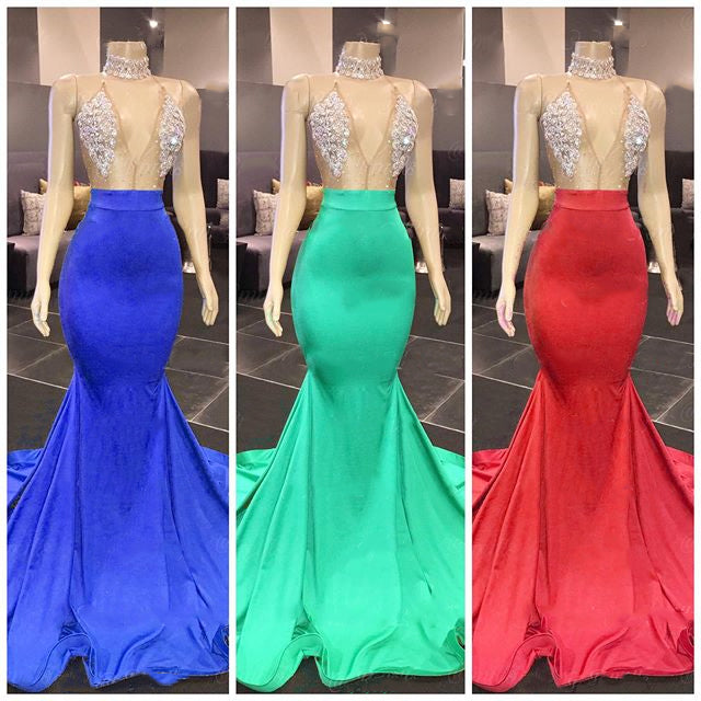 Sexy Gold Mermaid Halter Appliques Prom Dress with Beadings-BallBride