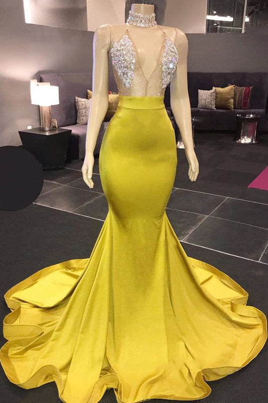 Sexy Gold Mermaid Halter Appliques Prom Dress with Beadings-BallBride